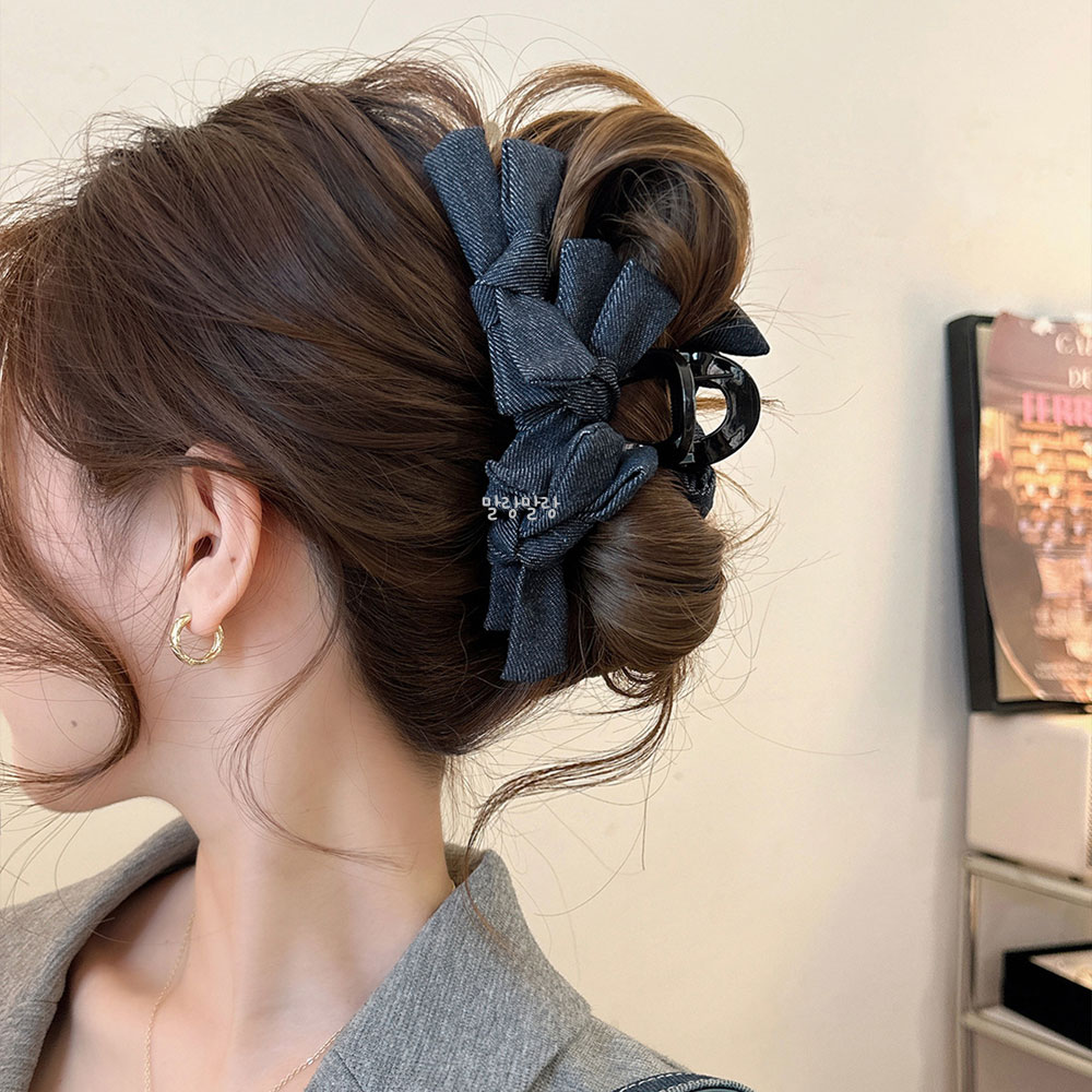 데님 리본삔 올림머리 대형집게핀 고급헤어핀 - 상품 이미지