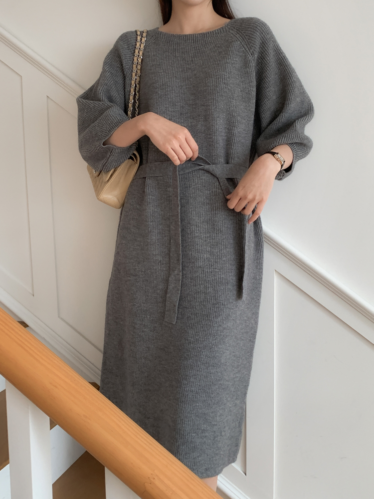 루즈핏 스퀘어넥 벌룬 하찌 H라인 벨트 여성 니트 롱 원피스 여자 겨울 원피스 그레이 블랙