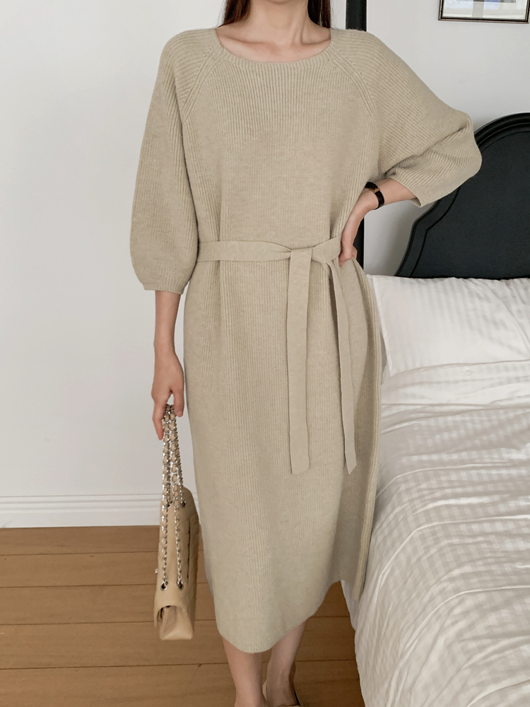 루즈핏 스퀘어넥 벌룬 하찌 H라인 벨트 여성 니트 롱 원피스 여자 겨울 원피스 그레이 블랙