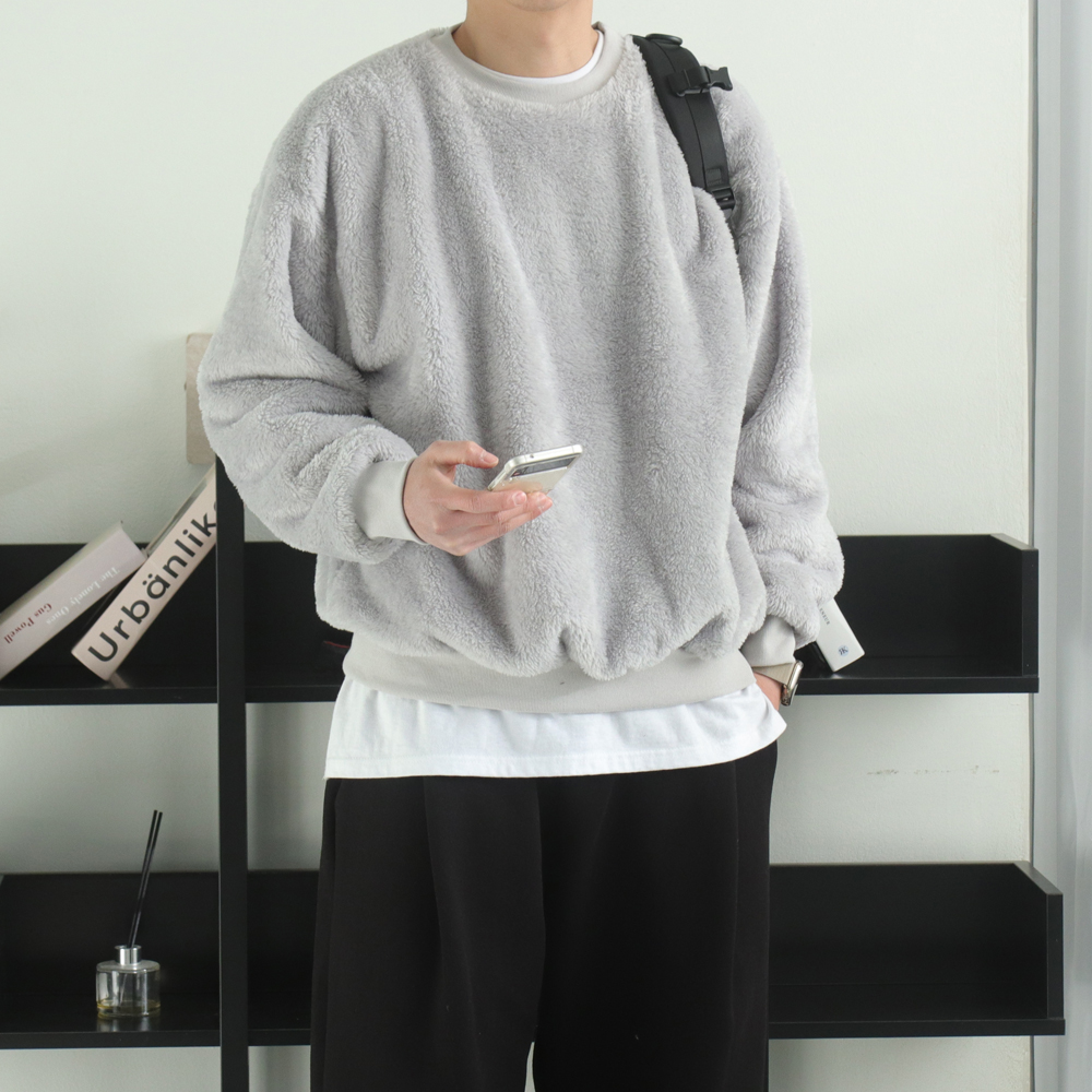 남자 기모 맨투맨 오버핏 겨울 보아털 커플 맨투맨 - 상품 이미지