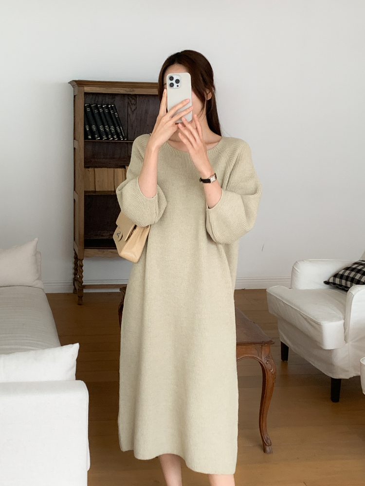 루즈핏 스퀘어넥 벌룬 하찌 H라인 벨트 여성 니트 롱 원피스 여자 겨울 원피스 그레이 블랙