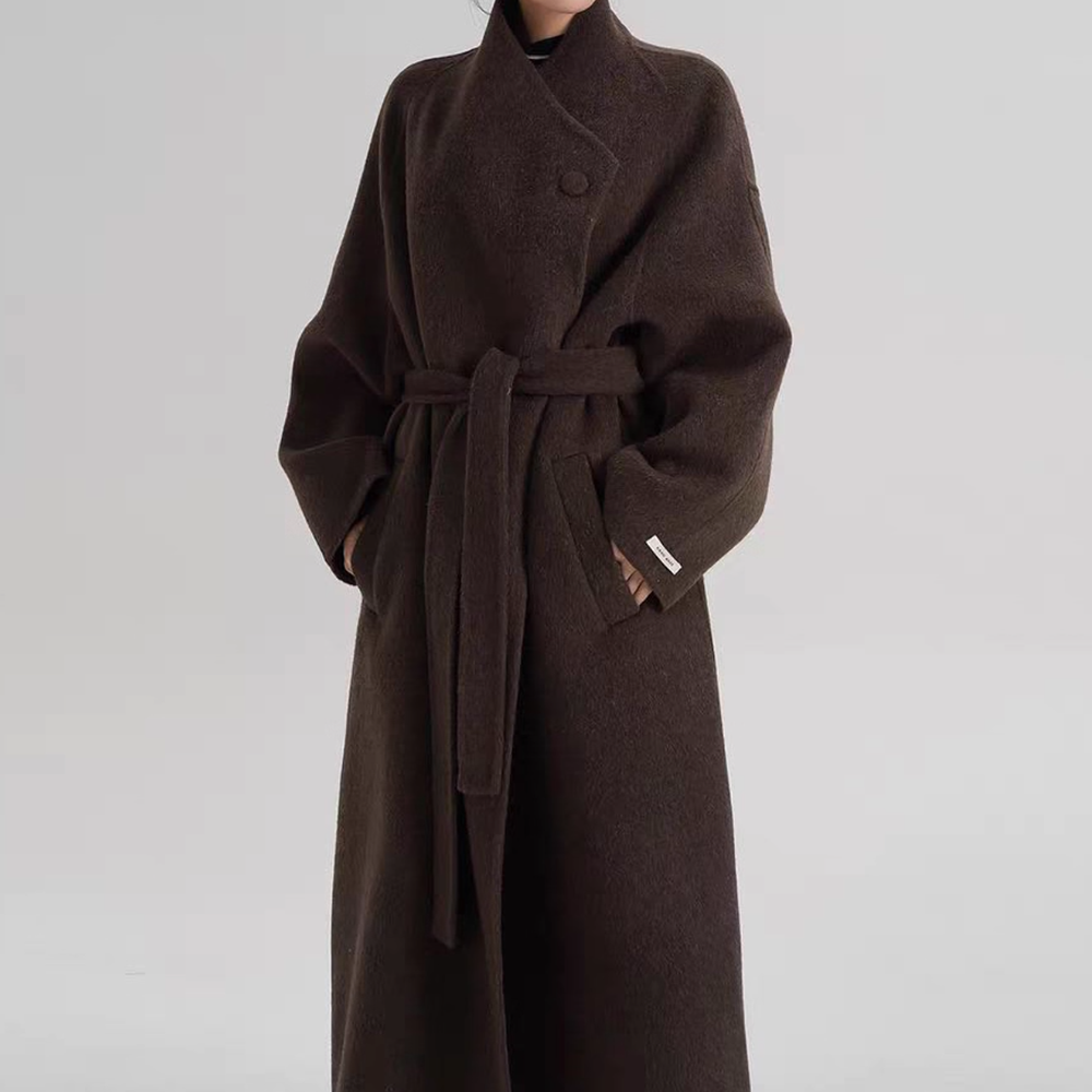 여성 울 핸드메이드 롱코트 벨트 랩코트 오버핏 브라운