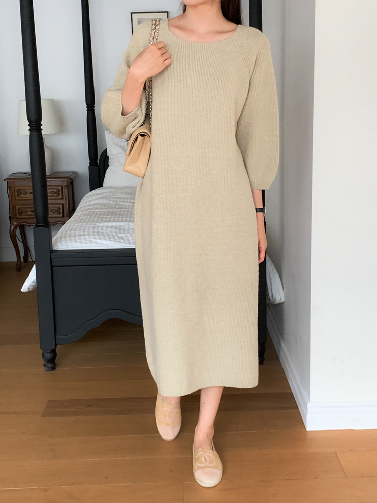 루즈핏 스퀘어넥 벌룬 하찌 H라인 벨트 여성 니트 롱 원피스 여자 겨울 원피스 그레이 블랙