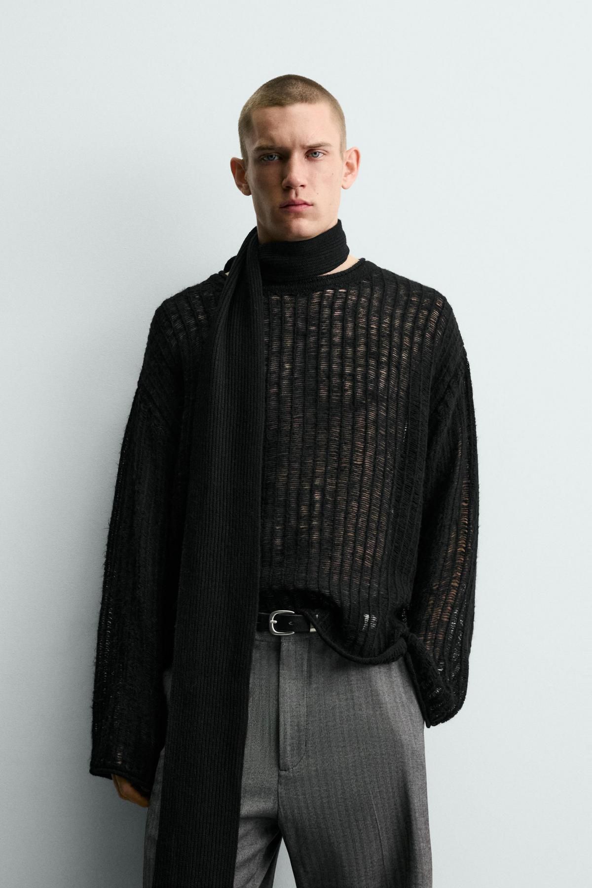 자라 텍스처 메쉬 라운드넥 스웨터 블랙 7140/310 BLACK - 상세 이미지 3