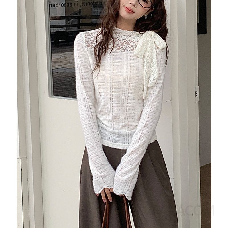 레이스 여성 긴팔티셔츠 가을용 얇은 레이어드 스타일 편안한 착용감 데일리룩 - 상세 이미지 3