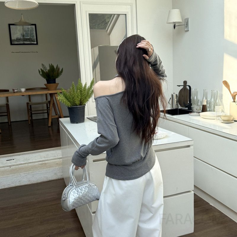여성 긴팔 오프숄더 원숄더 티셔츠 매혹적인 핑크 레이어드 스타일 착용감 멋진 긴팔티셔츠 시크한 룩 완성 - 상세 이미지 3
