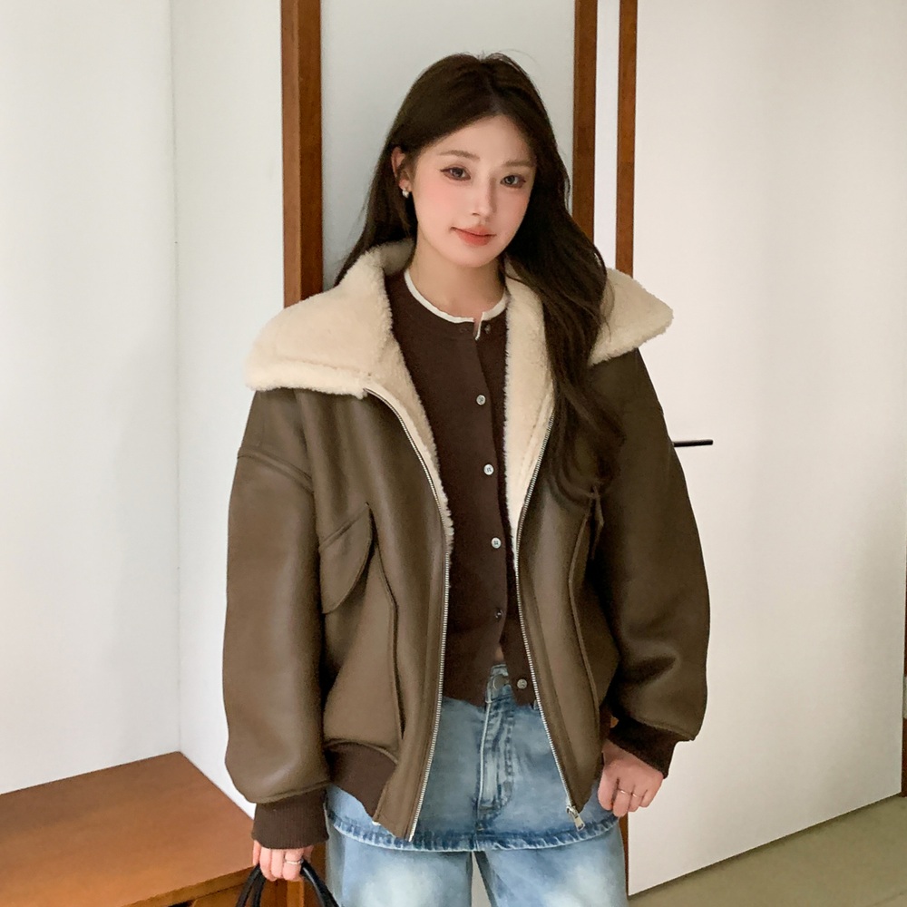 여성 무스탕 오버사이즈 라펠 양털 가죽 자켓 2color - 상품 이미지