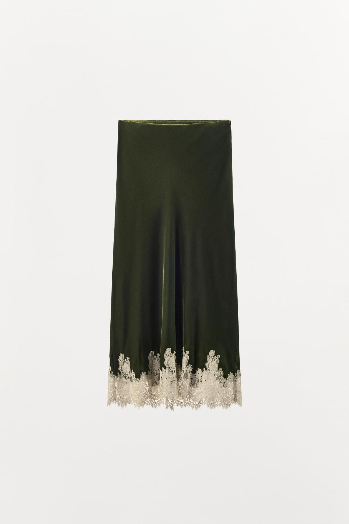 자라 트렌디 벨벳 레이스 미디 스커트 2678/621 GREEN - 메인 이미지