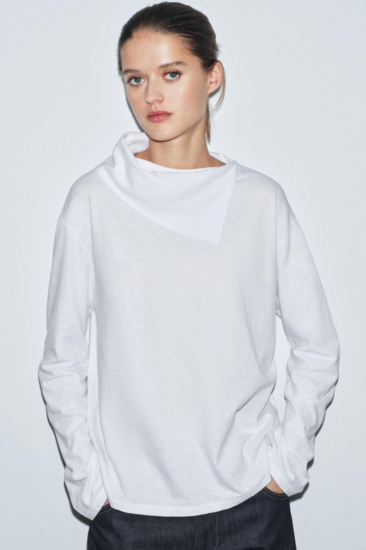 자라 스카프 라운드넥 긴팔 티셔츠 0858/713 WHITE - 상세 이미지 3