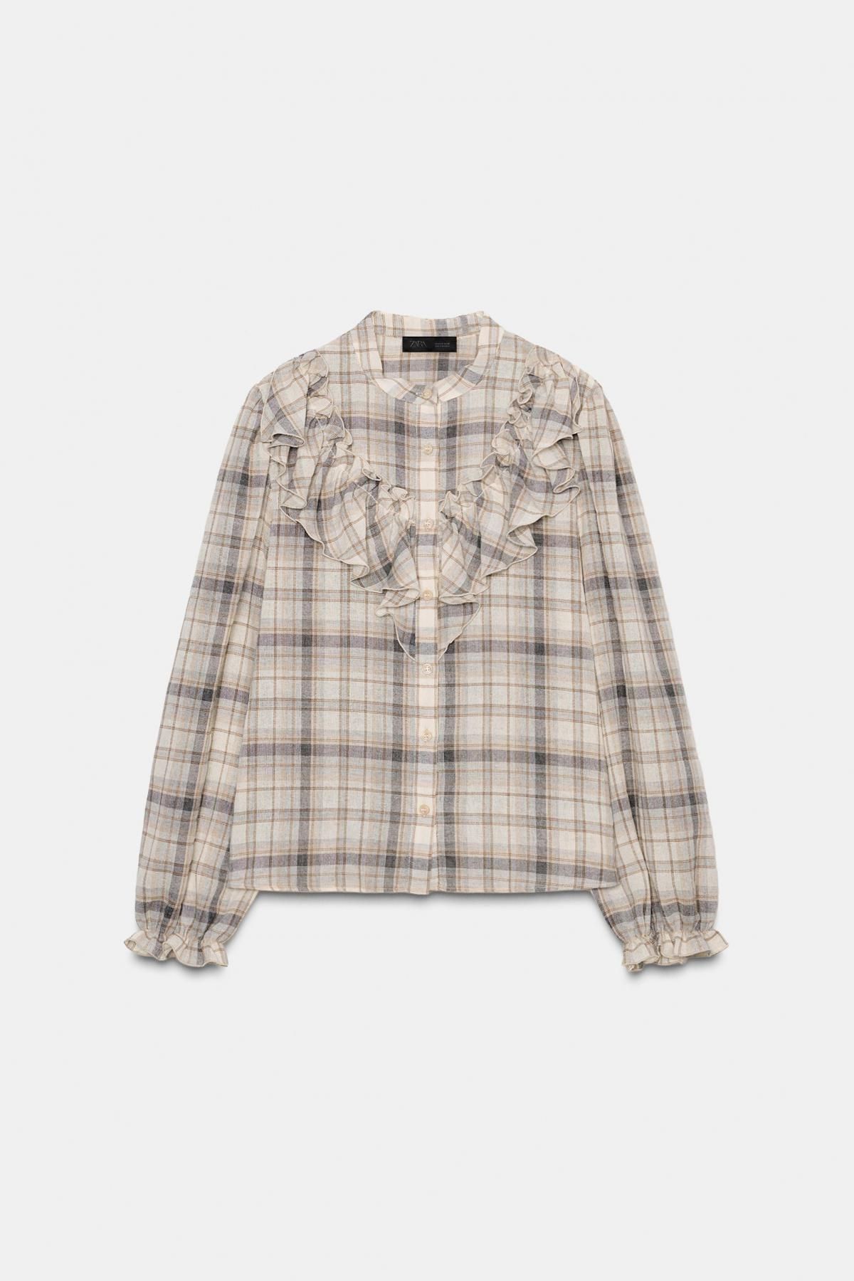 자라 러플 체크 라운드넥 셔츠 9875/148 ECRU / BROWN - 메인 이미지