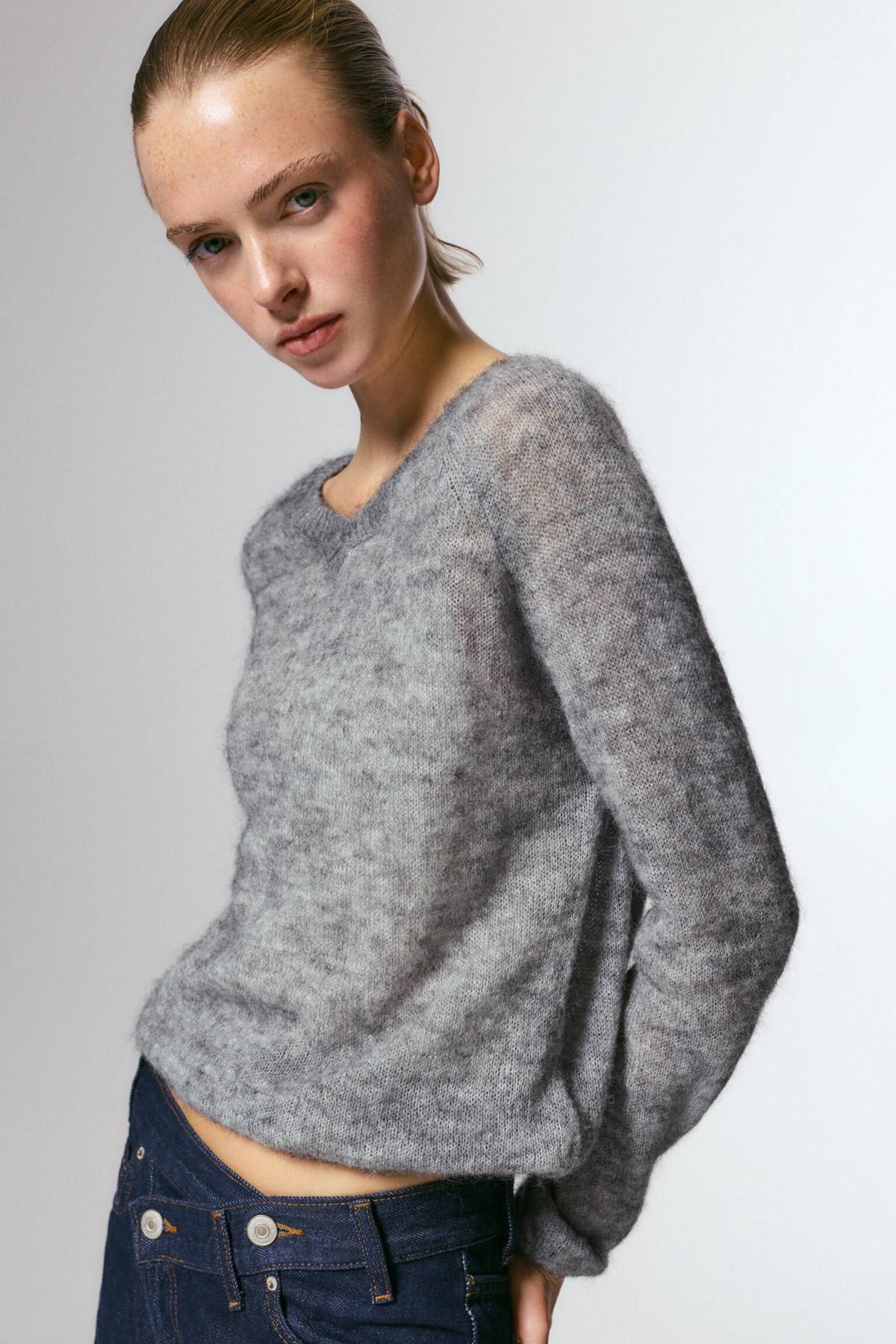 풀앤베어 울 알파카 브이넥 니트 그레이 스웨터 7550/401 GREY MARL - 상세 이미지 2