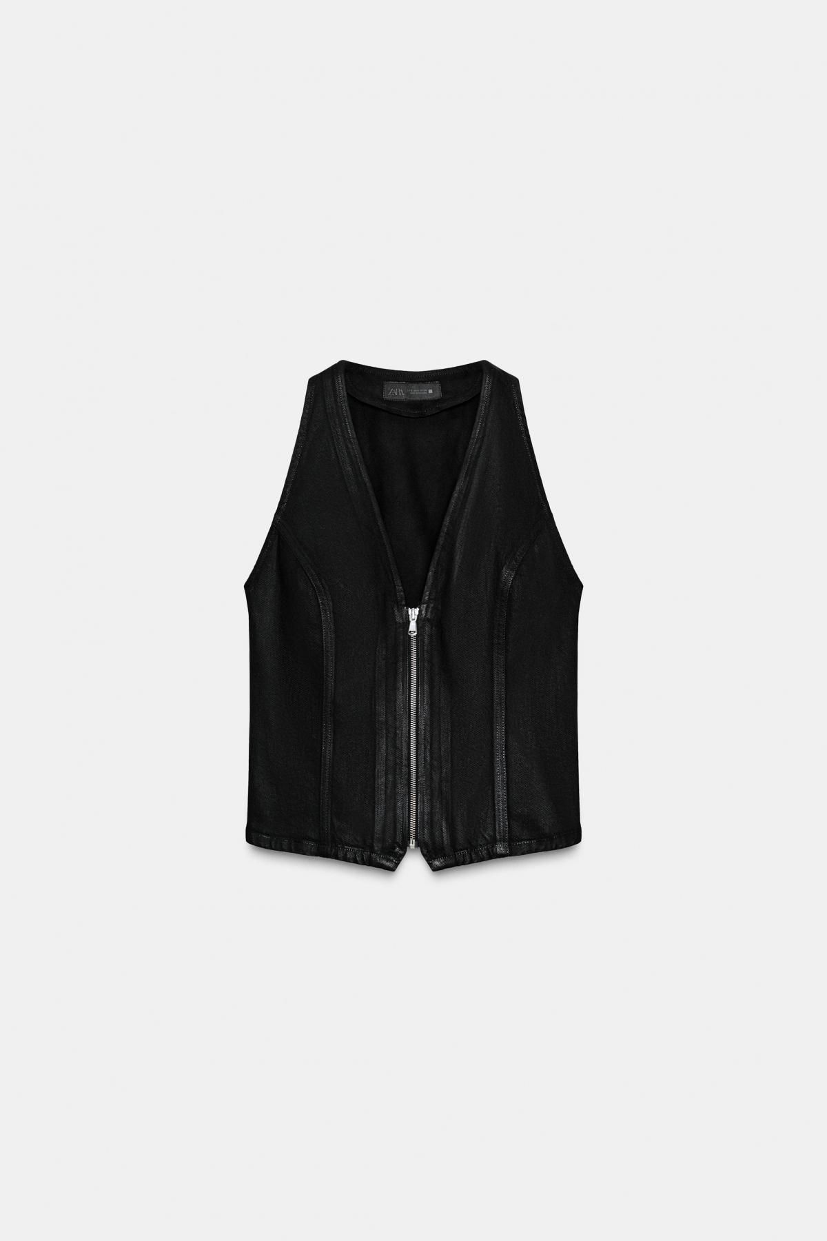자라 왁스 코팅 데님 브이넥 베스트 3777/227 BLACK - 상품 이미지