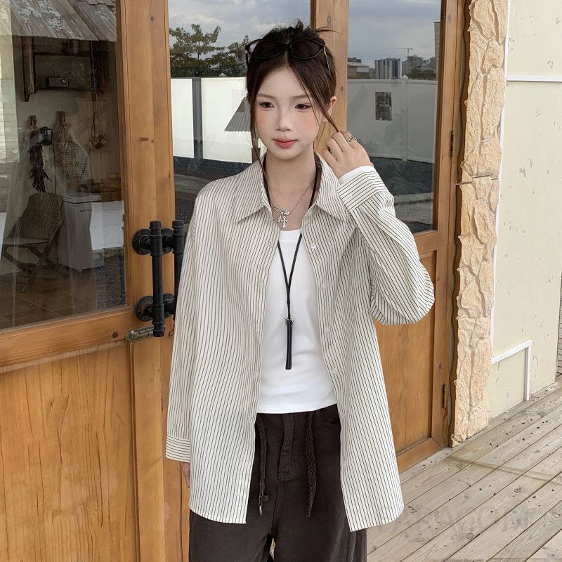 여성 스트라이프 칼라 긴팔 코튼셔츠 가을 캐주얼 편안한 착용감 오버핏 스타일 - 상세 이미지 4