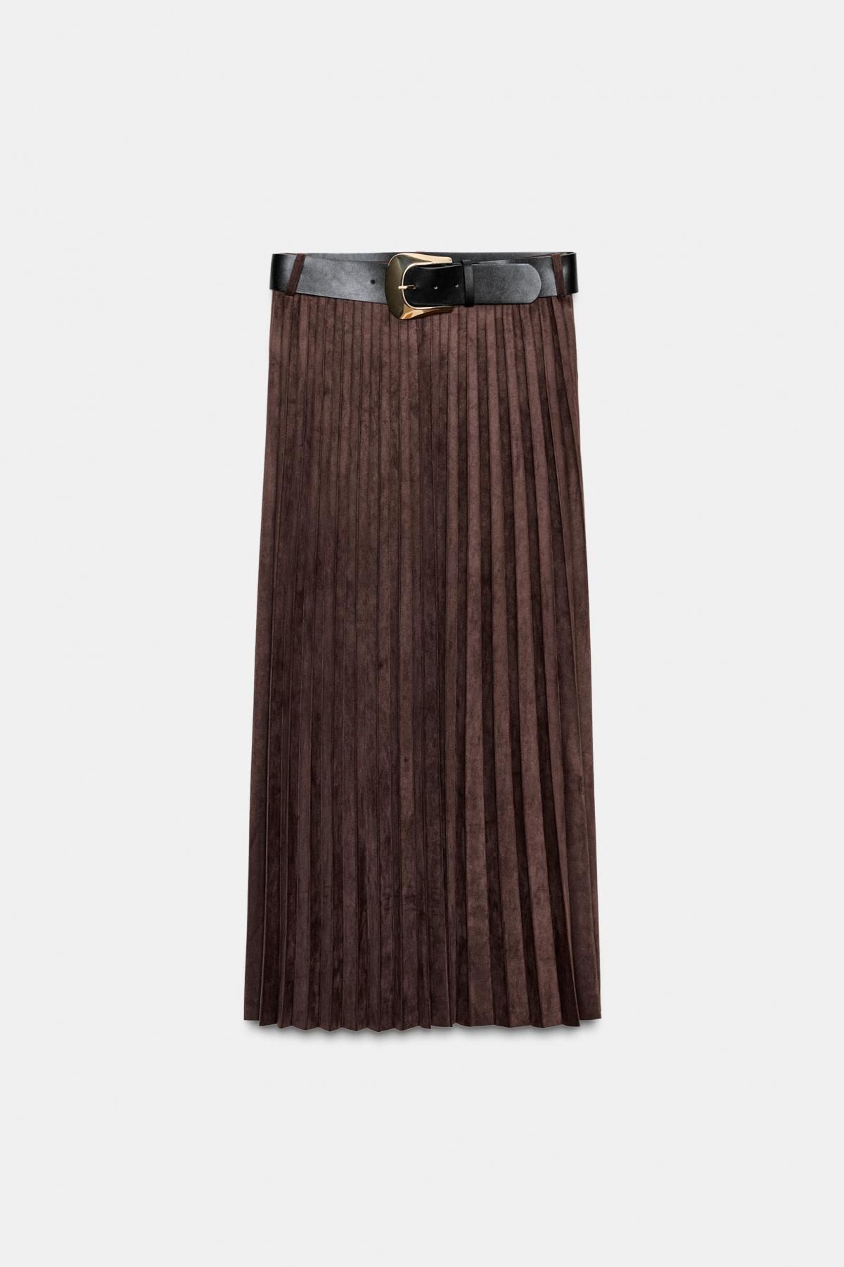 자라 플리츠 페이크 스웨이드 벨트 미디 스커트 9596/974 DARK BROWN - 메인 이미지