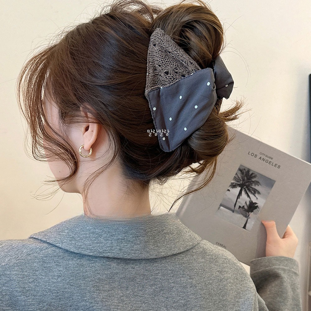 도트 그물 니트 리본집게핀 올림머리핀 예쁜 헤어핀 - 상세 이미지 5
