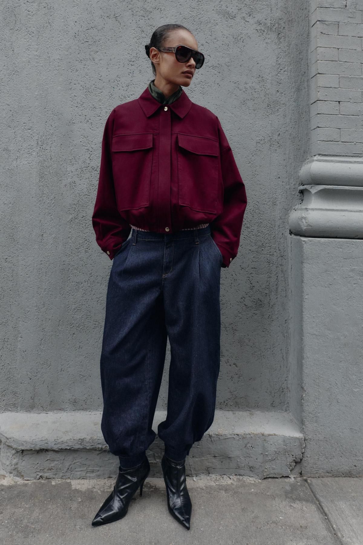 자라 오버핏 빅포켓 크롭 봄버 재킷 9195/595 BURGUNDY - 상세 이미지 4