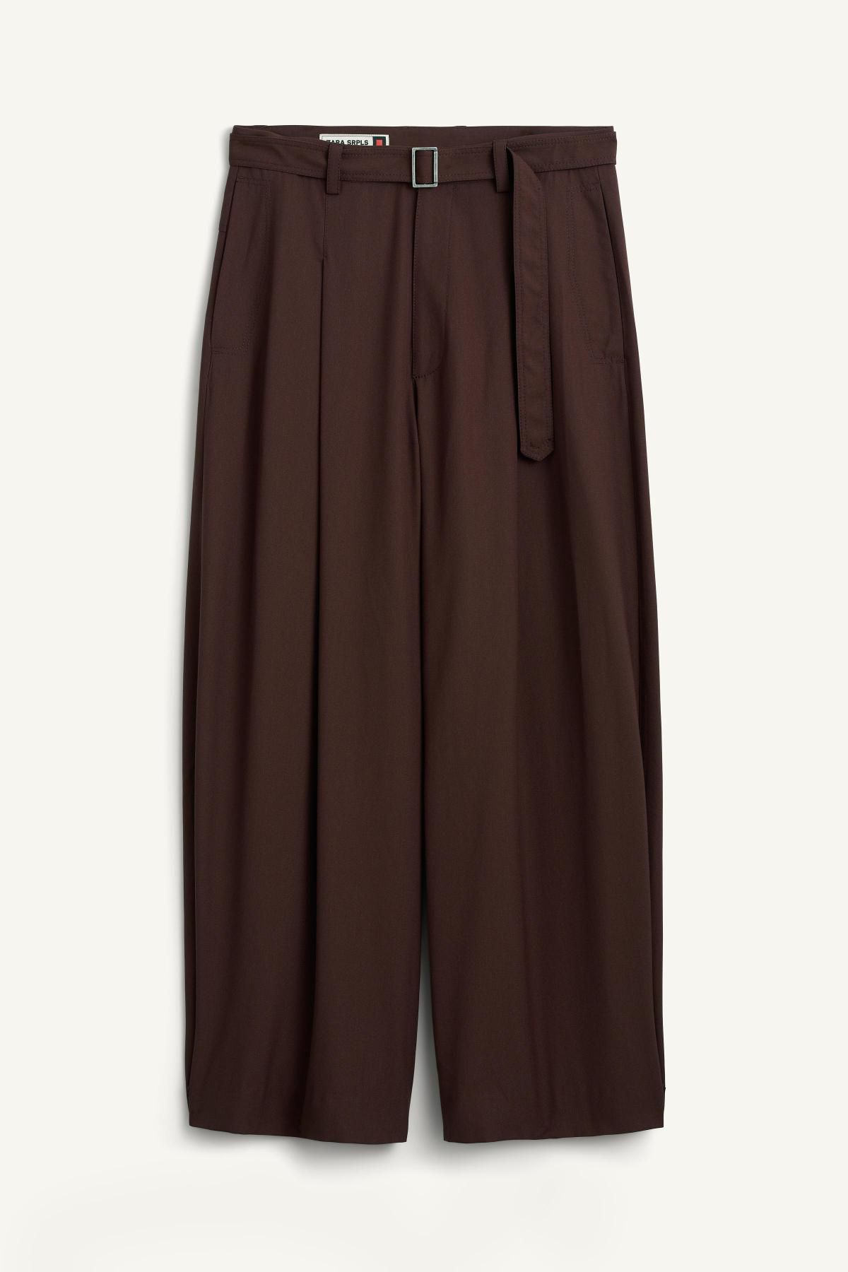 자라 울 블렌드 와이드 벨티드 팬츠 6365/329 BROWN - 상품 이미지