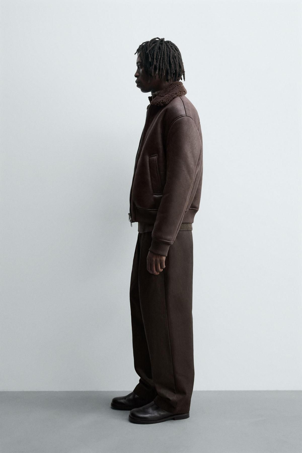 자라 오버사이즈 레더 이펙트 퍼 집업 재킷 0155/160 BURGUNDY - 상세 이미지 5