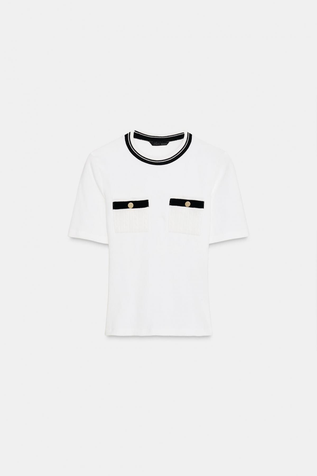 자라 배색 라운드넥 포켓 반팔 티셔츠 5644/937 WHITE - 메인 이미지