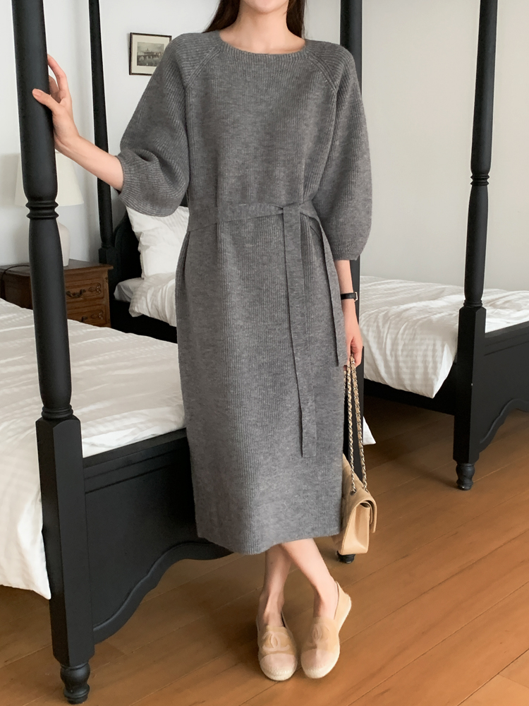 루즈핏 스퀘어넥 벌룬 하찌 H라인 벨트 여성 니트 롱 원피스 여자 겨울 원피스 그레이 블랙