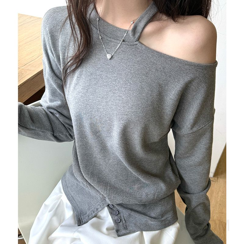 여성 긴팔 오프숄더 원숄더 티셔츠 매혹적인 핑크 레이어드 스타일 착용감 멋진 긴팔티셔츠 시크한 룩 완성 - 상세 이미지 4