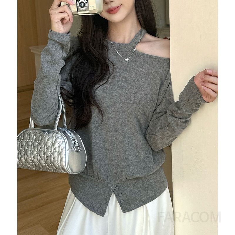 여성 긴팔 오프숄더 원숄더 티셔츠 매혹적인 핑크 레이어드 스타일 착용감 멋진 긴팔티셔츠 시크한 룩 완성 이미지 8