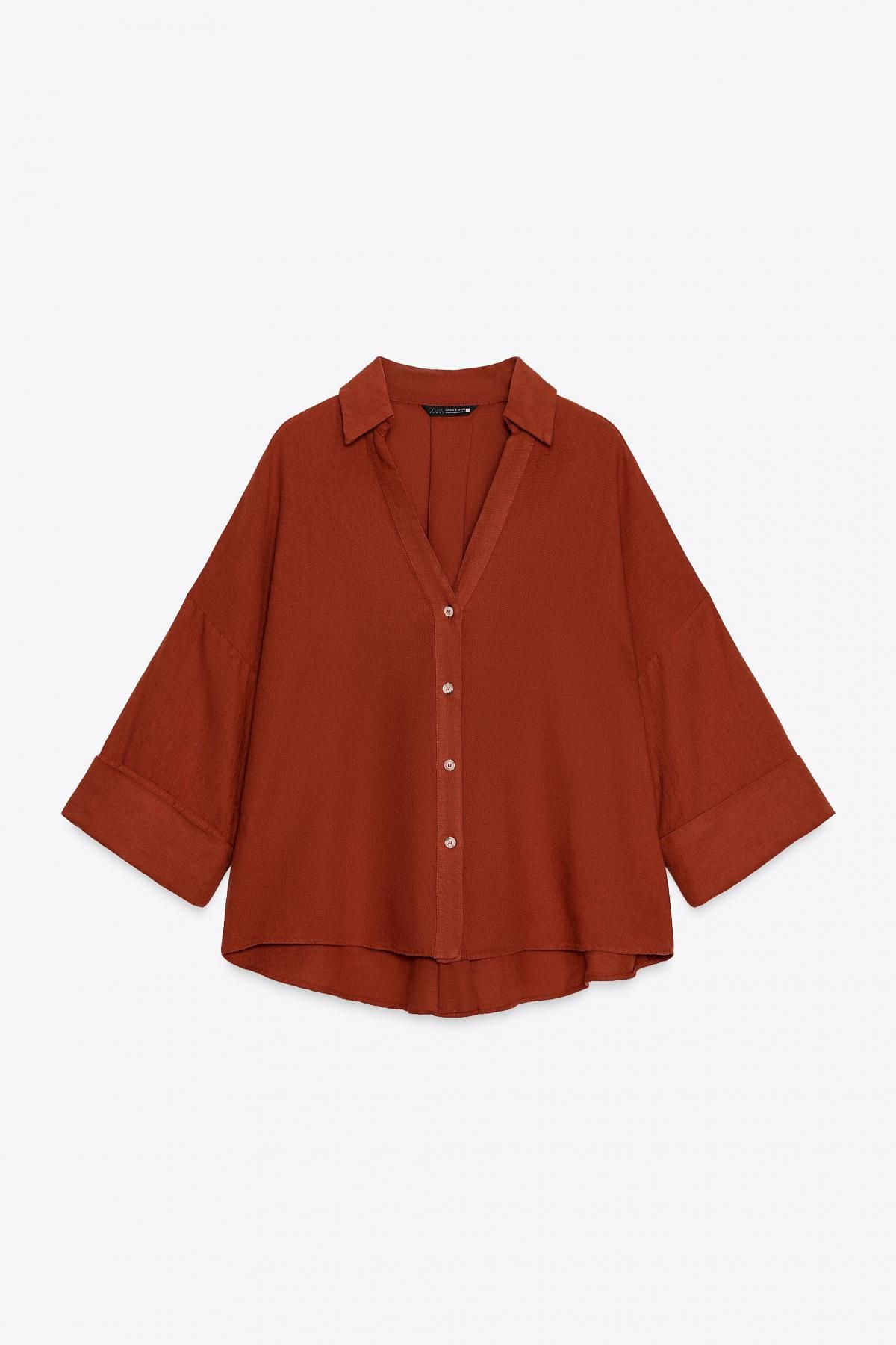 자라 린넨블렌드 와이드슬리브 브이넥 셔츠 3457/734 TERRACOTTA - 상품 이미지