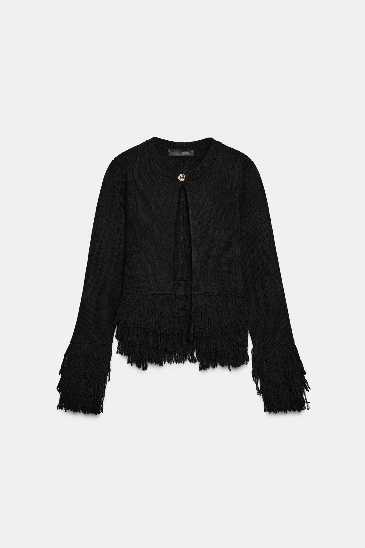 자라 프린지 라운드넥 블랙 가디건 6427/109 BLACK - 상품 이미지
