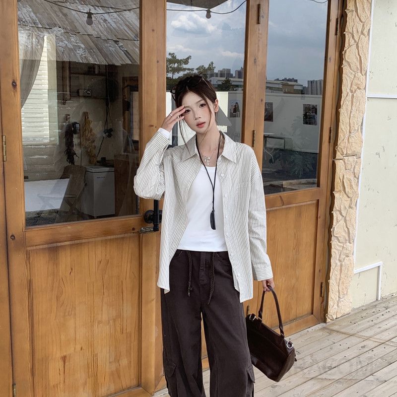 여성 스트라이프 칼라 긴팔 코튼셔츠 가을 캐주얼 편안한 착용감 오버핏 스타일 - 상세 이미지 2