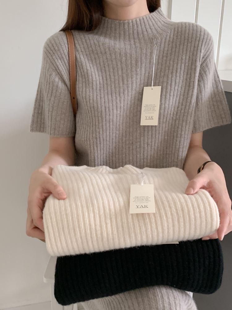 루즈핏 야크 울 홀가먼트 H라인 반목 터틀넥 원피스 반팔 여성 겨울 니트 롱 원피스