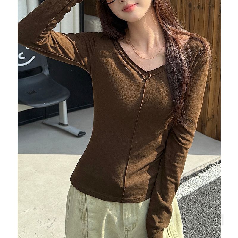 여성용 V넥 긴팔 티셔츠 슬림핏 스타일 가을 레이어드용 편안한 착용감 캐주얼티셔츠 모던한 디자인 이미지 6