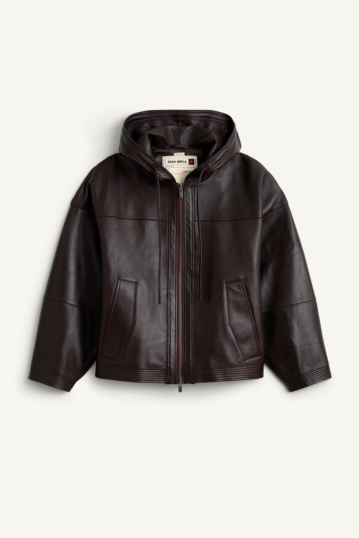 자라 박시핏 레더 후드 집업 재킷 5479/707 DARK BROWN - 상품 이미지