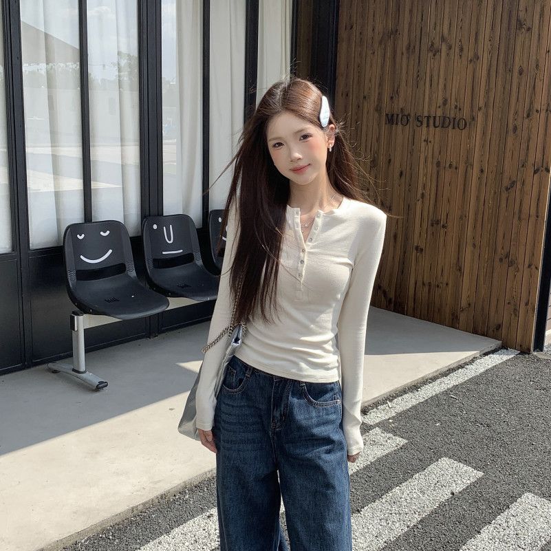 여성 긴팔 티셔츠 세련된 슬림핏 가을 스타일 레이어드 가능 캐주얼 베이스 레이어 착용감 독특한 디자인 - 상품 이미지