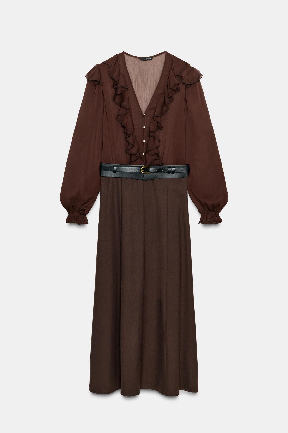 자라 러플 브이넥 벨트 미디 원피스 8372/021 BROWN - 메인 이미지