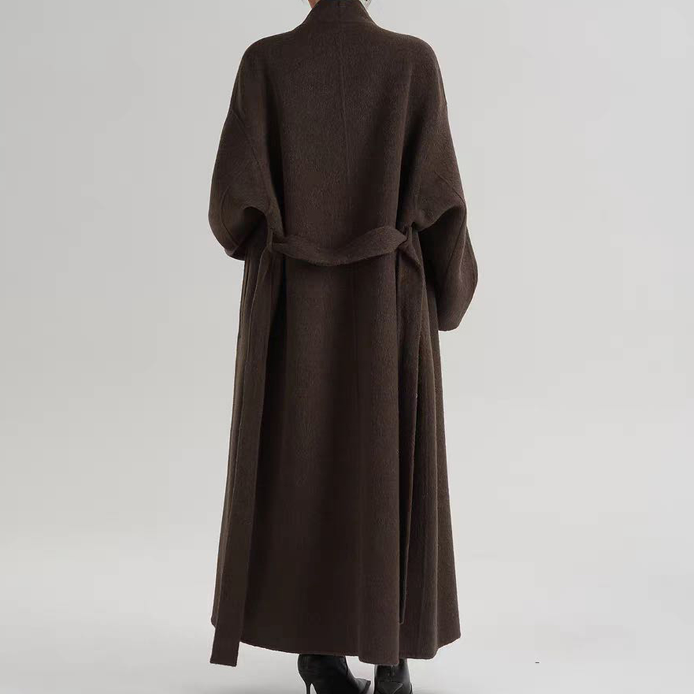 여성 울 핸드메이드 롱코트 벨트 랩코트 오버핏 브라운