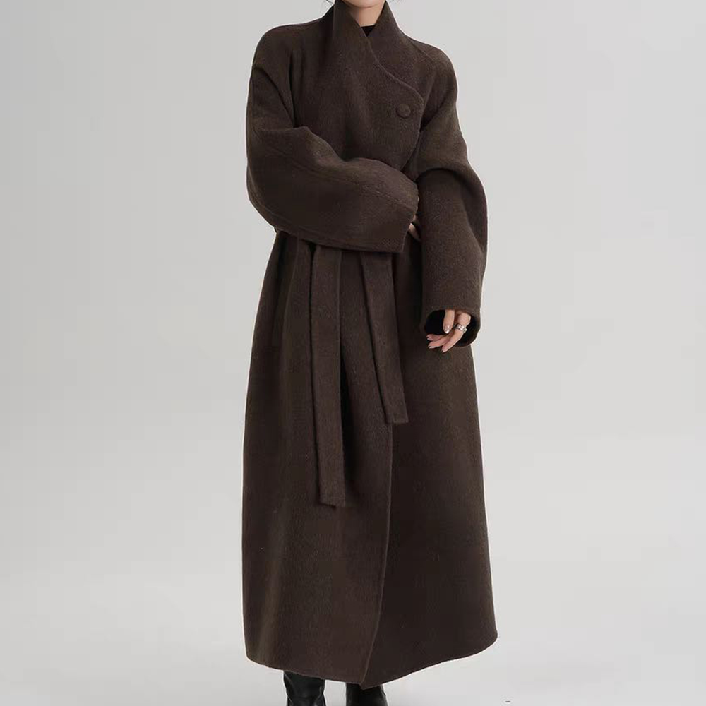 여성 울 핸드메이드 롱코트 벨트 랩코트 오버핏 브라운