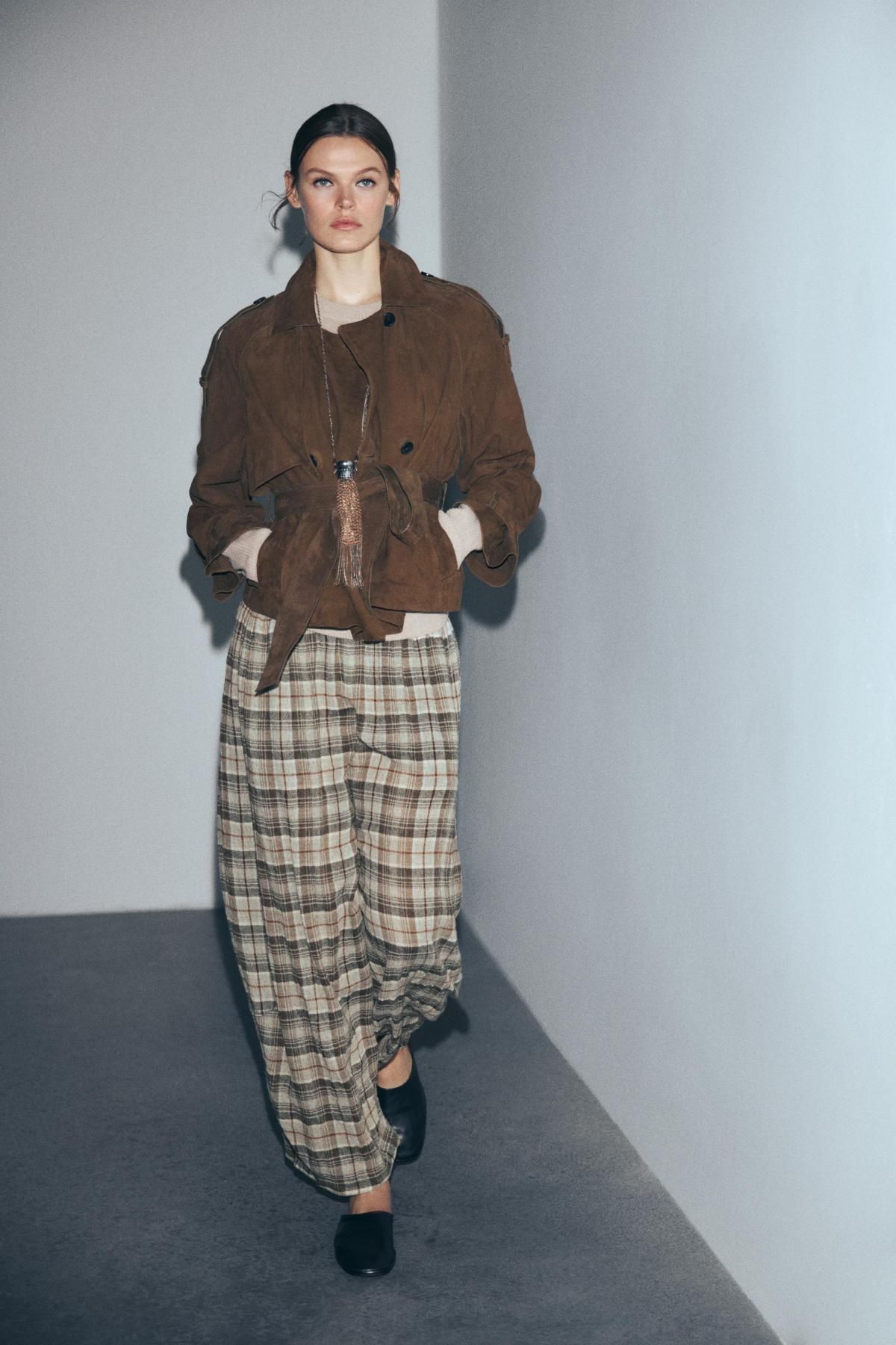 자라 체크 와이드 울혼방 밴딩 팬츠 8960/760 BEIGE - 상세 이미지 4