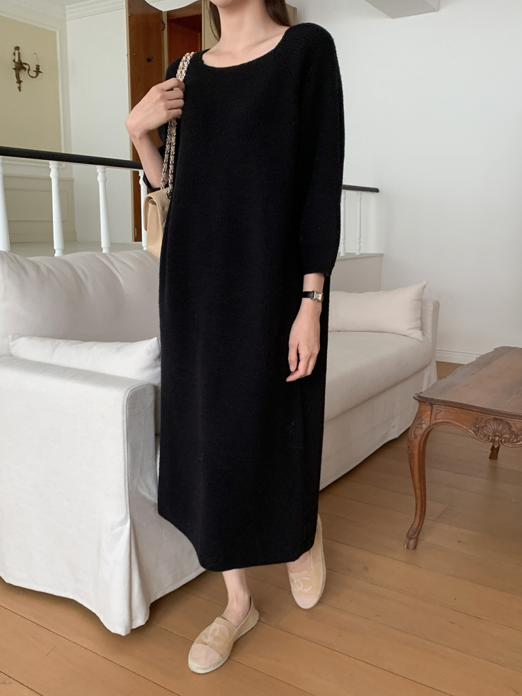 루즈핏 스퀘어넥 벌룬 하찌 H라인 벨트 여성 니트 롱 원피스 여자 겨울 원피스 그레이 블랙