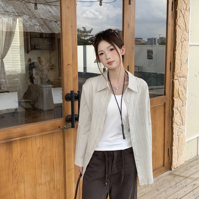 여성 스트라이프 칼라 긴팔 코튼셔츠 가을 캐주얼 편안한 착용감 오버핏 스타일 - 상세 이미지 3