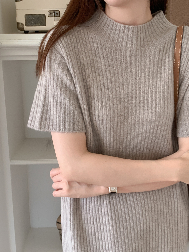 루즈핏 야크 울 홀가먼트 H라인 반목 터틀넥 원피스 반팔 여성 겨울 니트 롱 원피스