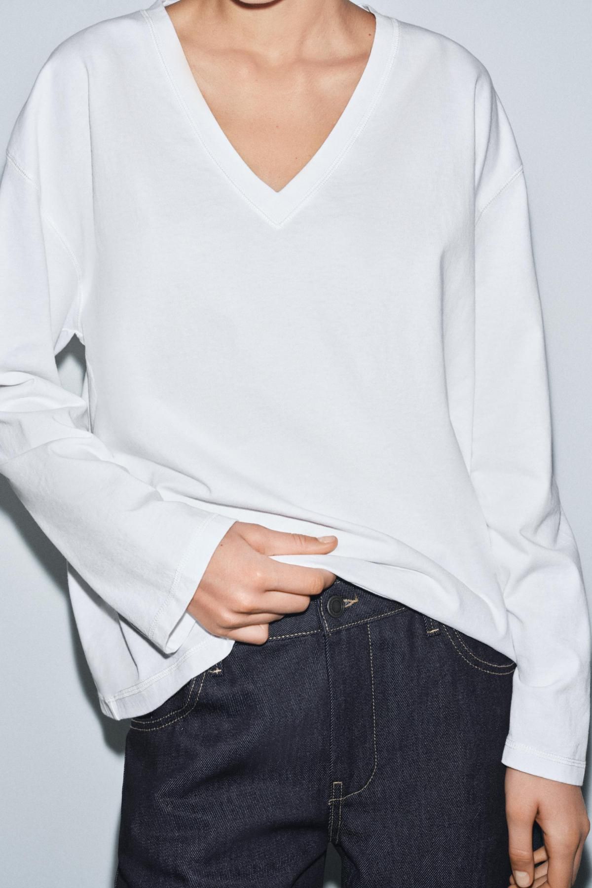 자라 베이직 브이넥 코튼 긴팔 티셔츠 0858/714 WHITE - 상세 이미지 5