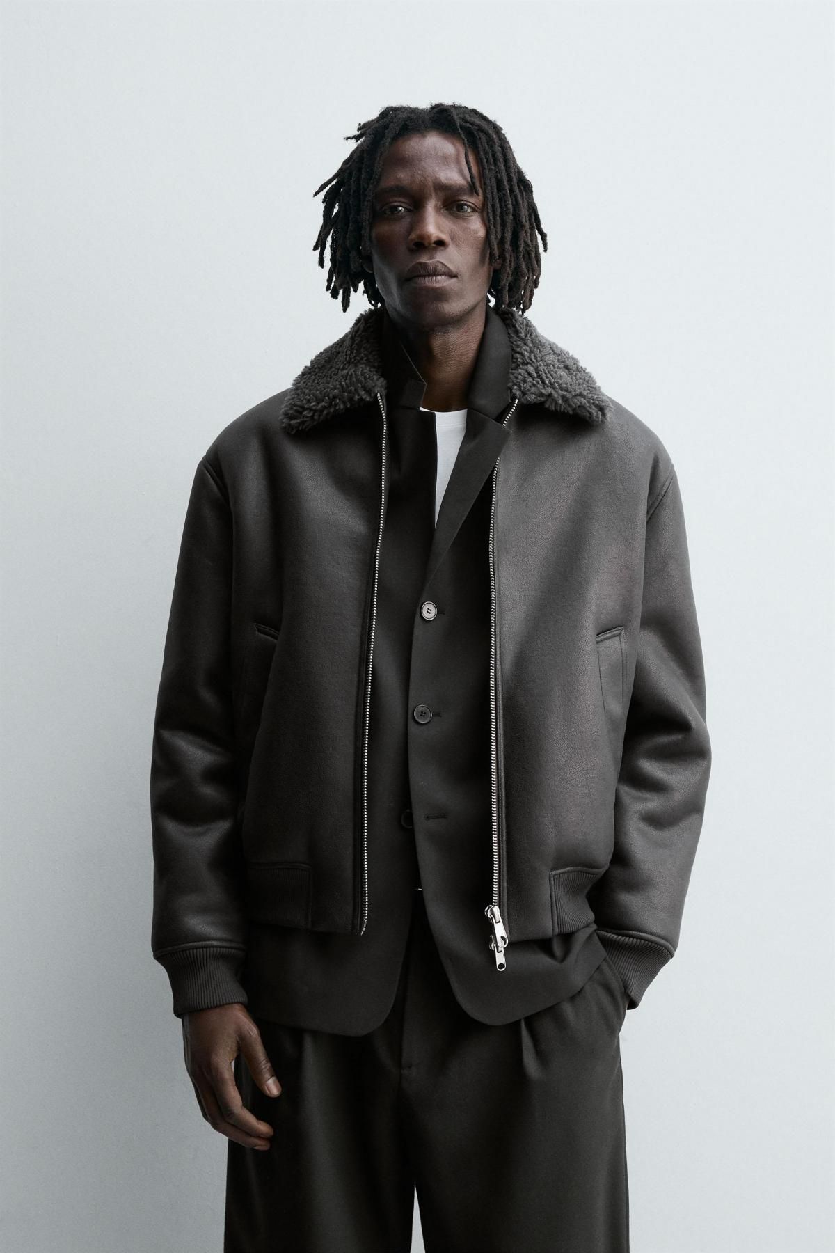 자라 오버사이즈 페이크 레더 무스탕 재킷 0155/160 ANTHRACITE GREY - 상세 이미지 3
