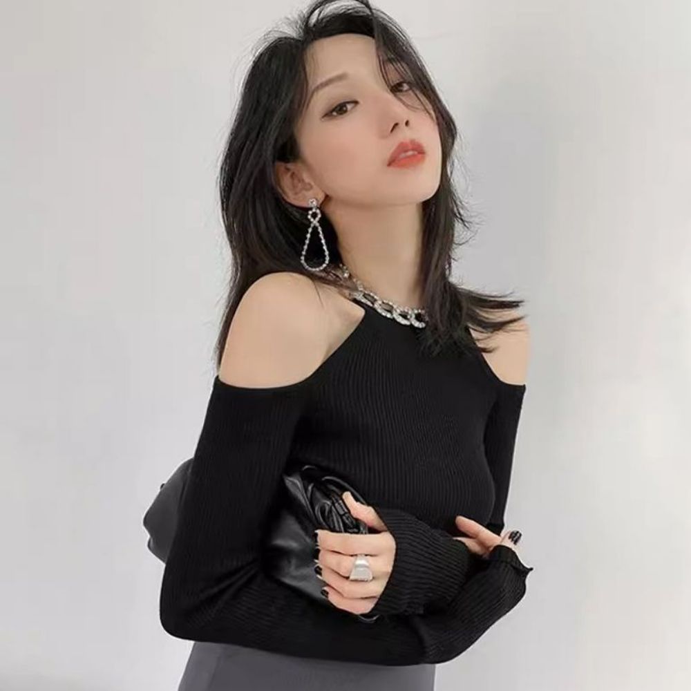 라틴댄스복 차밍복 오프숄더니트 라인댄스복 블랙 S - 상품 이미지
