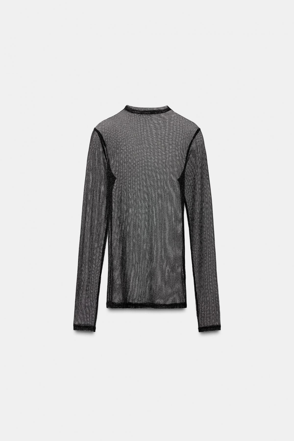 자라 메탈릭 얀 시스루 하이넥 슬림핏 탑 1198/470 BLACK - 상품 이미지