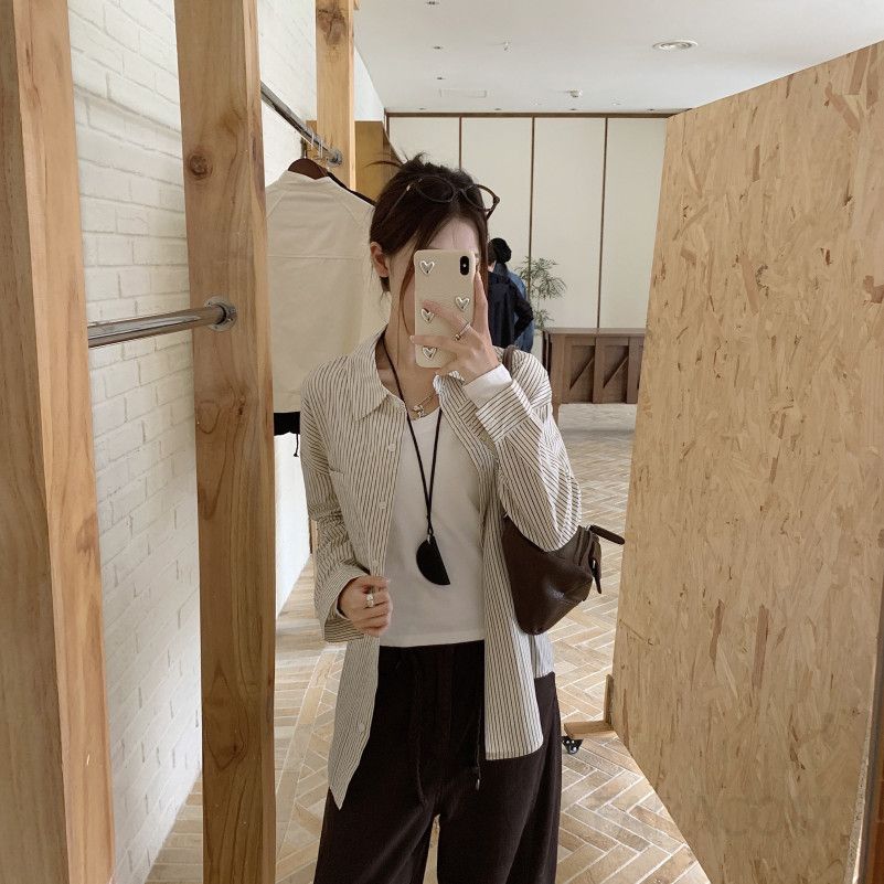 여성 스트라이프 칼라 긴팔 코튼셔츠 가을 캐주얼 편안한 착용감 오버핏 스타일 - 상세 이미지 5