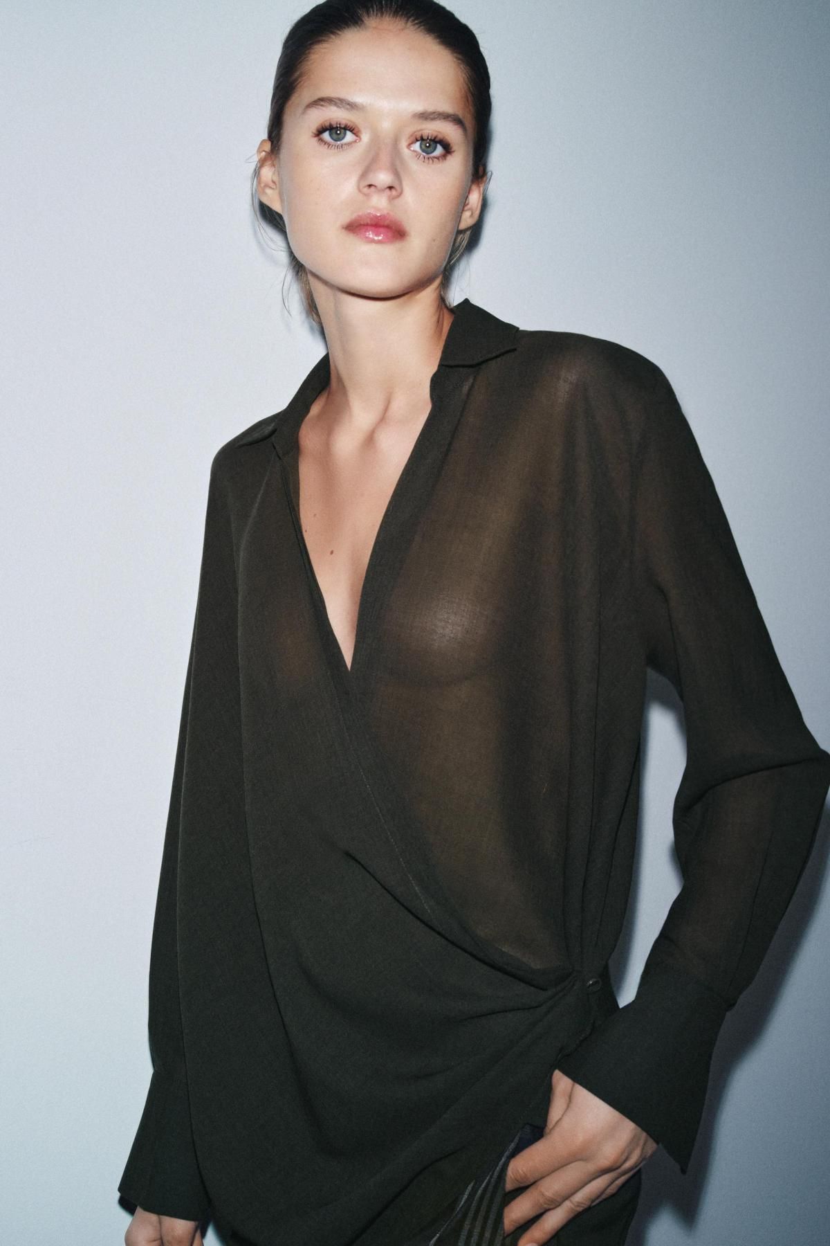 자라 울 블렌드 비대칭 셔츠 탑 9562/238 DARK KHAKI - 상세 이미지 3