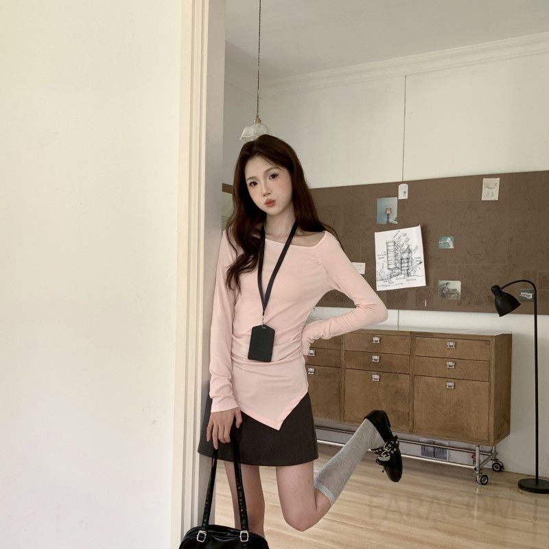 여성용 슬림핏 오프숄더 긴팔티셔츠 가을 스타일 레이어드 가능 고급스러운 착용감 데일리룩 패션 - 상품 이미지