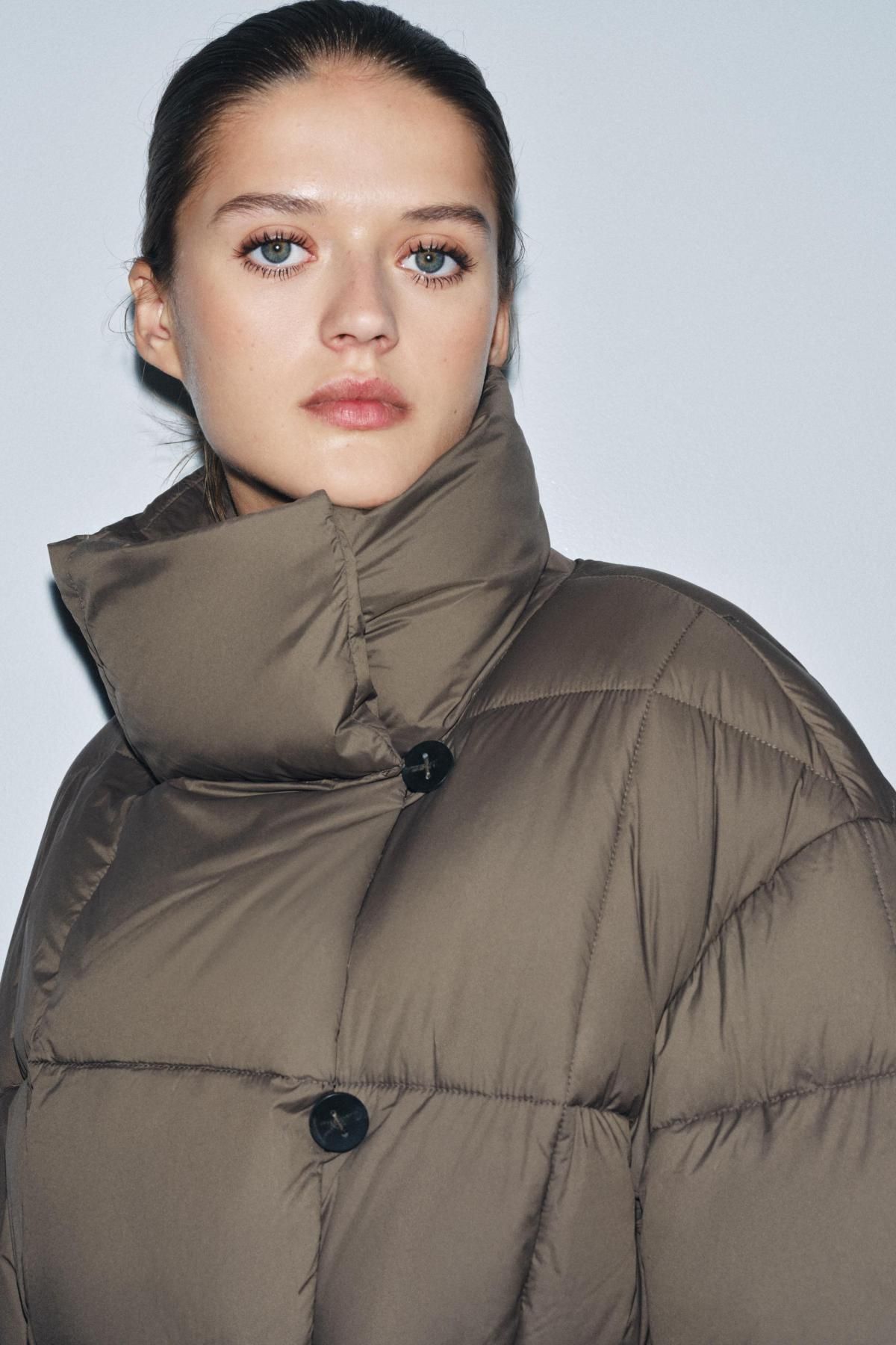 자라 벨트 숏 페더 패딩 파카 하이넥 5320/240 TAUPE GREY - 상세 이미지 5