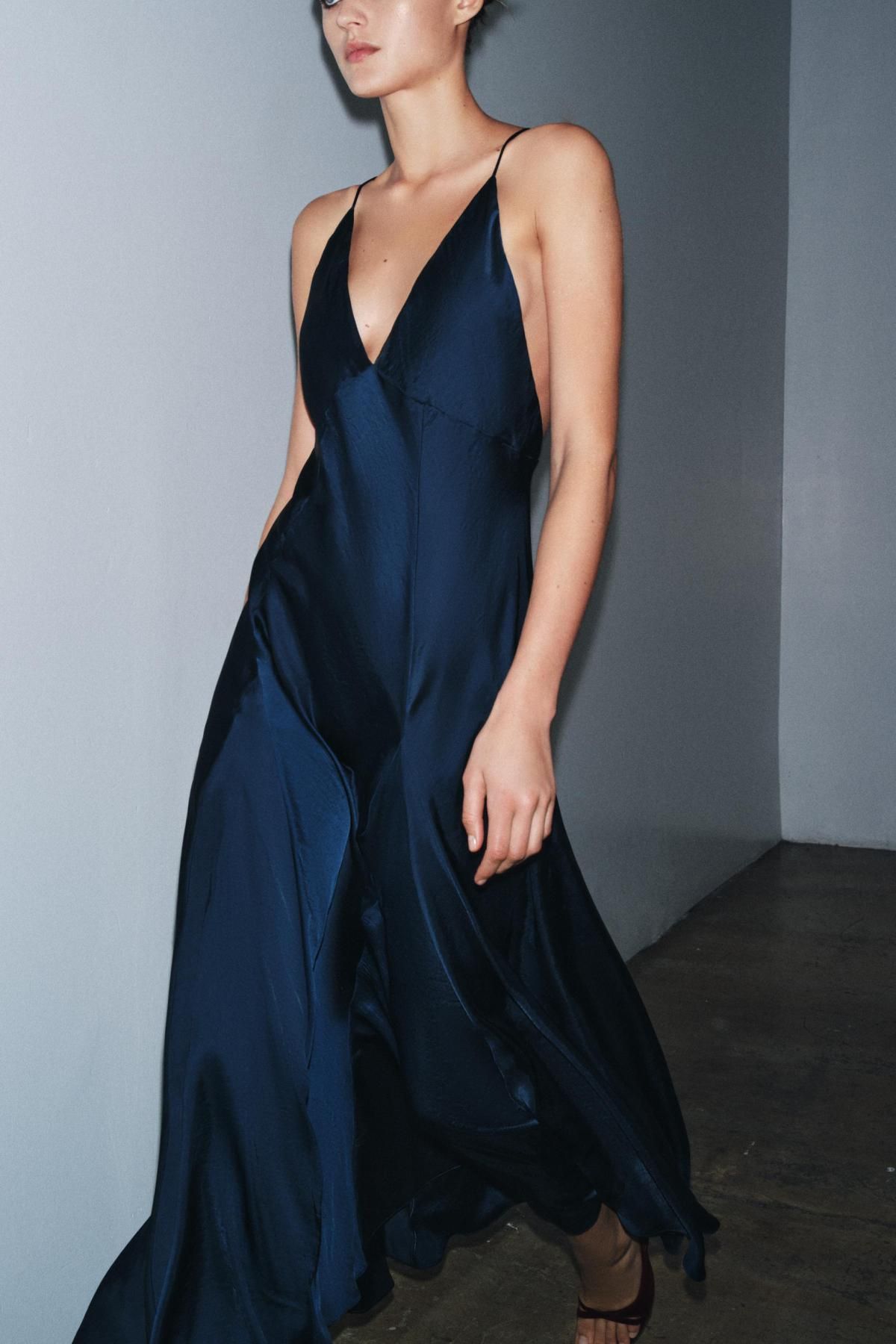 자라 럭셔리 새틴 롱 브이넥 슬립 원피스 9763/987 DARK NAVY - 상세 이미지 3