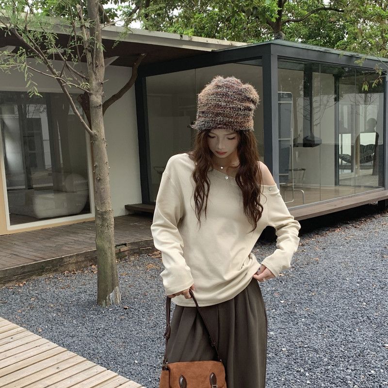 여성 긴팔 오프숄더 티셔츠 가을 데일리 스타일 불규칙 디자인 매력적인 착용감 편안한 캐주얼룩 레이어드 가능한 외출용 상의 - 상세 이미지 4